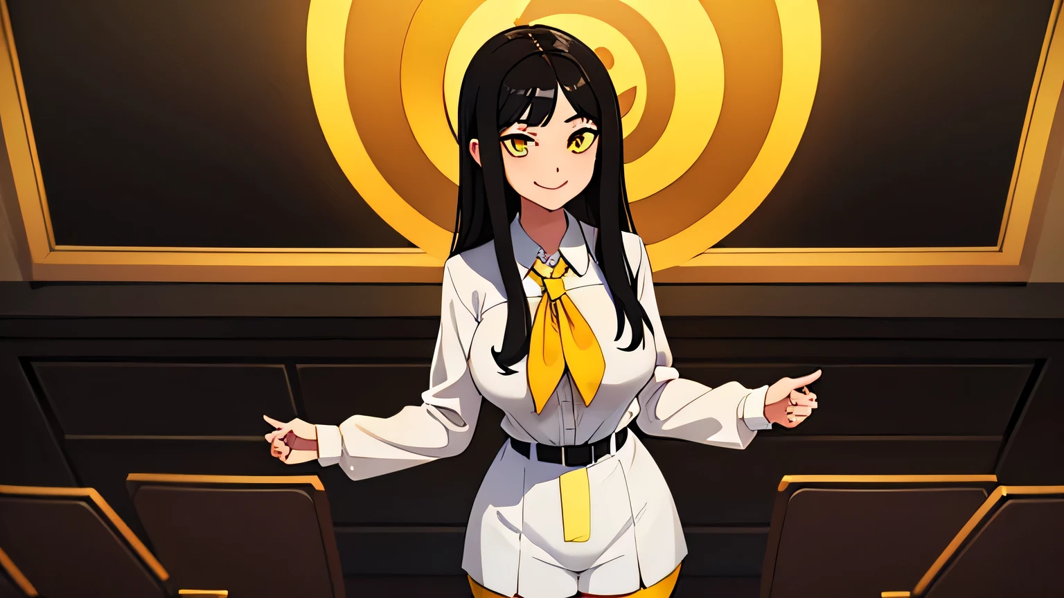 a one woman , white  shirt, black pantyhouse ,blackstockings. (((big straight black hair))), ((( standing ))), (((yellow  eyes))), smiling facial expression, class room,