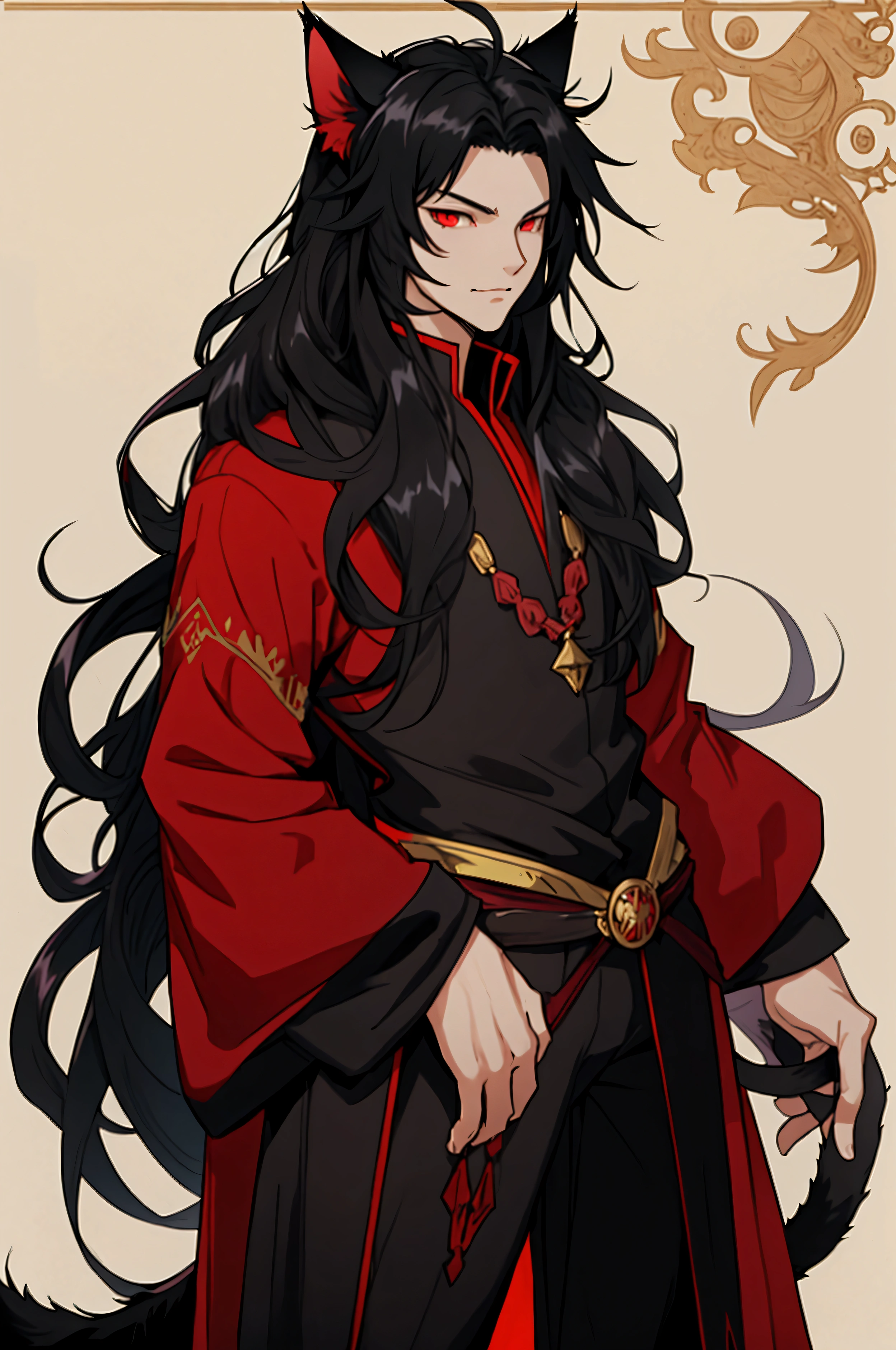 Man, male focus, solo, fluffy cat ears, cat tail, black hair, very long hair, red eyes, slit eyes, fair skin, fantasy clothing, anime, top quality, ultra definition, Illustration, high resolution, fantasy background