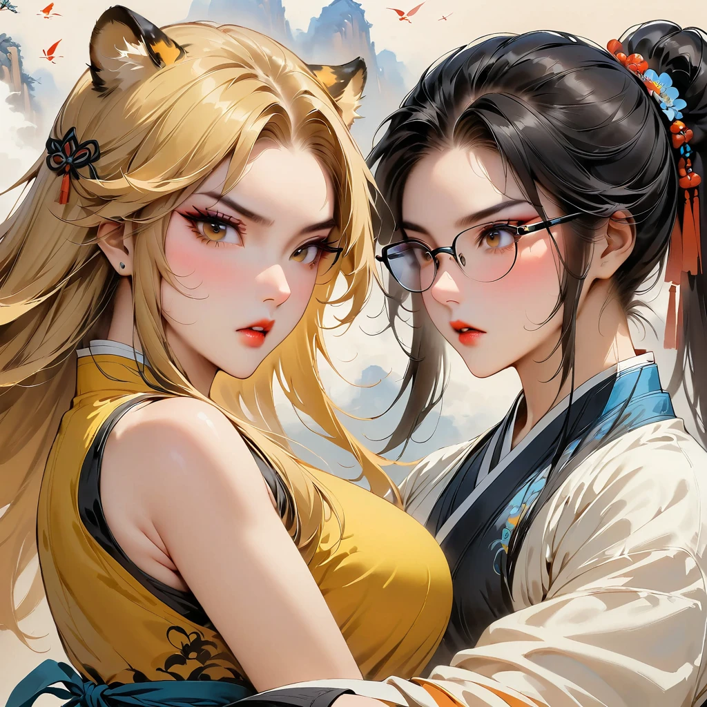 (masterpiece, best quality:1.2),martial arts style，Chinese comics，martial arts，（beautiful girl），（tiger and girl meet），（girl aggressive moves）,1 girl,  Her hair is long with yellow and black highlights，wear glasses，black color and yellow color hair