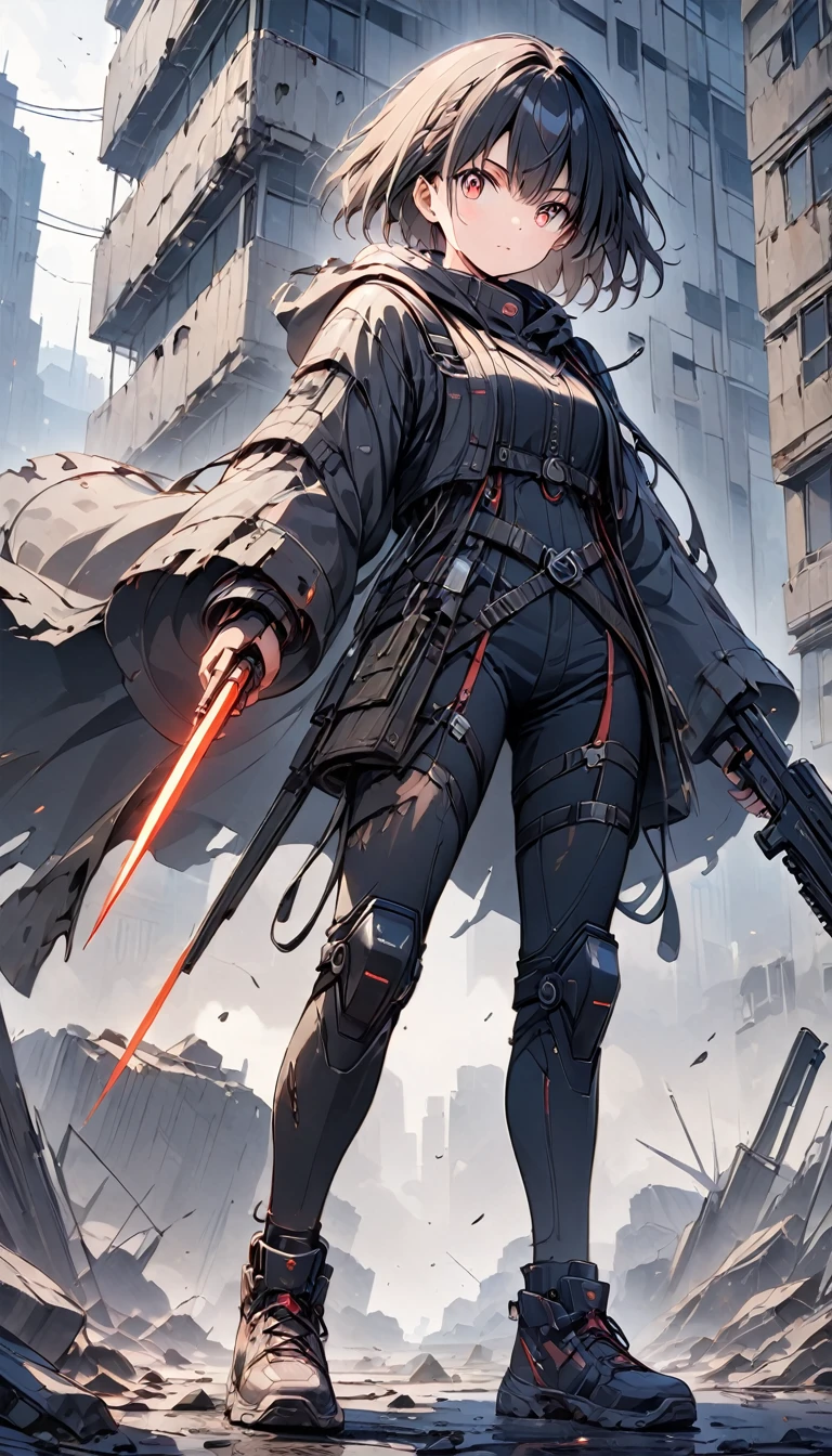 (Anime Style:1.4),超High resolution, Attention to detail, high quality, High resolution, 最high quality, 4K, 8k,A young female warrior wearing a high-tech black powered suit with red LEDs, Standing on rubble in a post-apocalyptic world, photorealistic Anime Style, short black bob hairstyle, Glowing red eyes, With a rifle in one hand, ((shabby, Severely damaged and frayed、Billowing Robe)), Confident and fierce look,cute