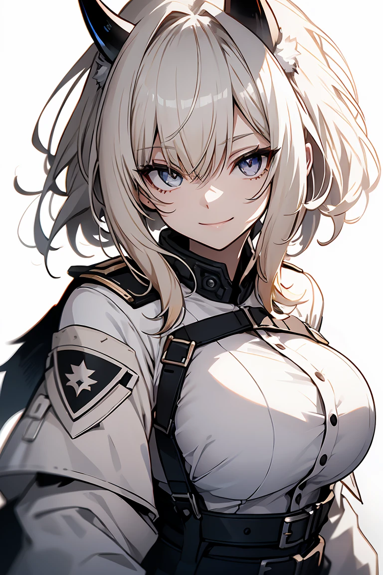 One Girl, whole body, White one-piece military uniform, (Tabletop:1.2, Highest quality), (Beautiful, detailed eyes: 1.2), (Beautifully detailed face), High Contrast, (Best lighting, Very delicate and beautiful), ((Cinematic Light)), Dramatic Light, very orange eyes, Large Breasts, Belt under the chest, White military uniform, White Skirt,Blonde, Black tie,  (Pale white background:1.5), Wolf Cut Hair, Look at me and smile,horn
