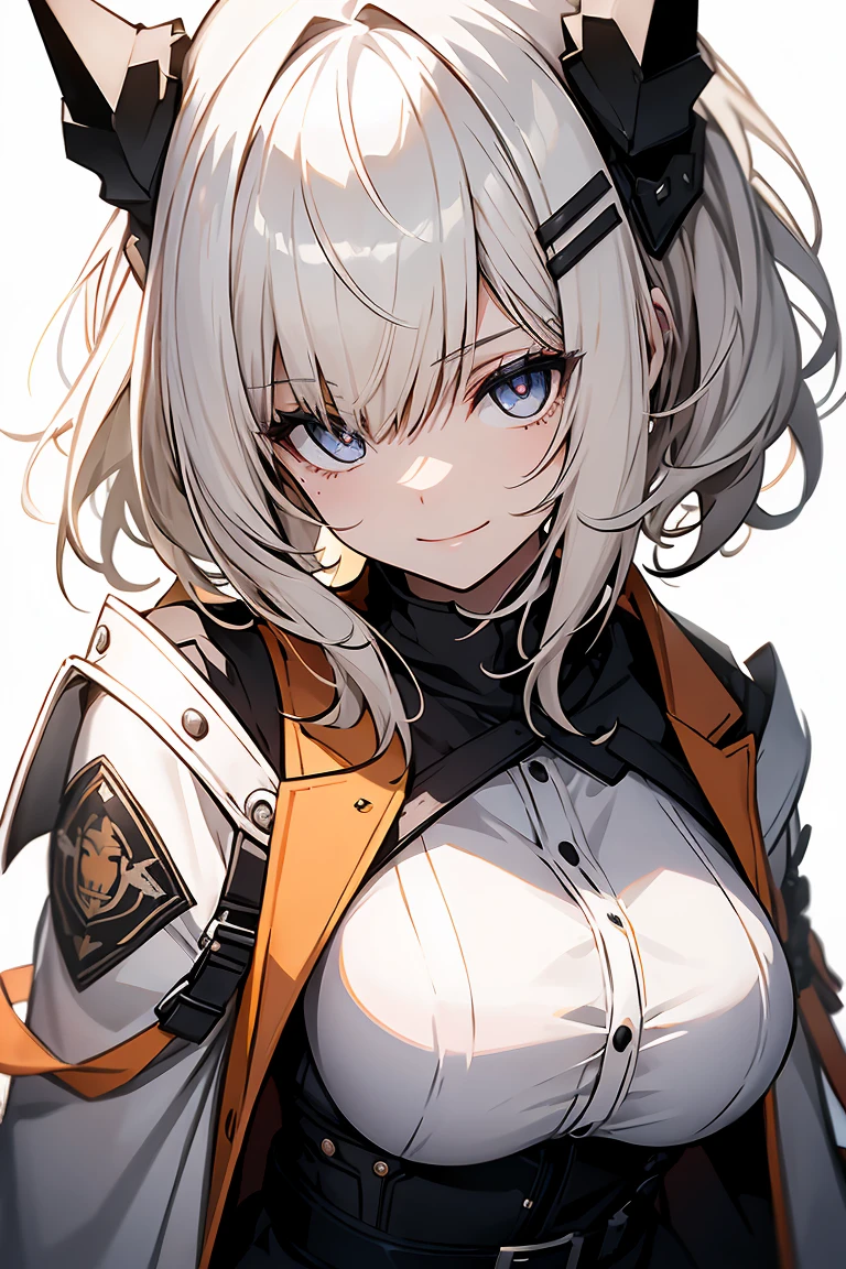 One Girl, whole body, White one-piece military uniform, (Tabletop:1.2, Highest quality), (Beautiful, detailed eyes: 1.2), (Beautifully detailed face), High Contrast, (Best lighting, Very delicate and beautiful), ((Cinematic Light)), Dramatic Light, very orange eyes, Large Breasts, Belt under the chest, White military uniform, White Skirt,Blonde, Black tie, (Pale white background:1.5), Wolf Cut Hair, Look at me and smile,horn