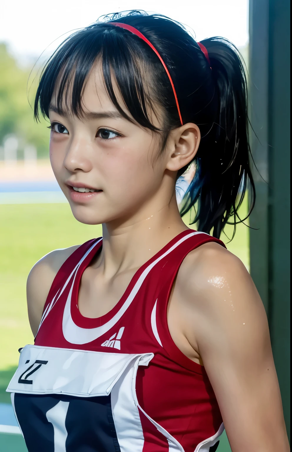 (Highest quality, masterpiece), (Beautiful Japanese girl), (freckles:0.6), ponytail, Track and field athlete,Grimacing、Frowning、Crying face、Sweaty、