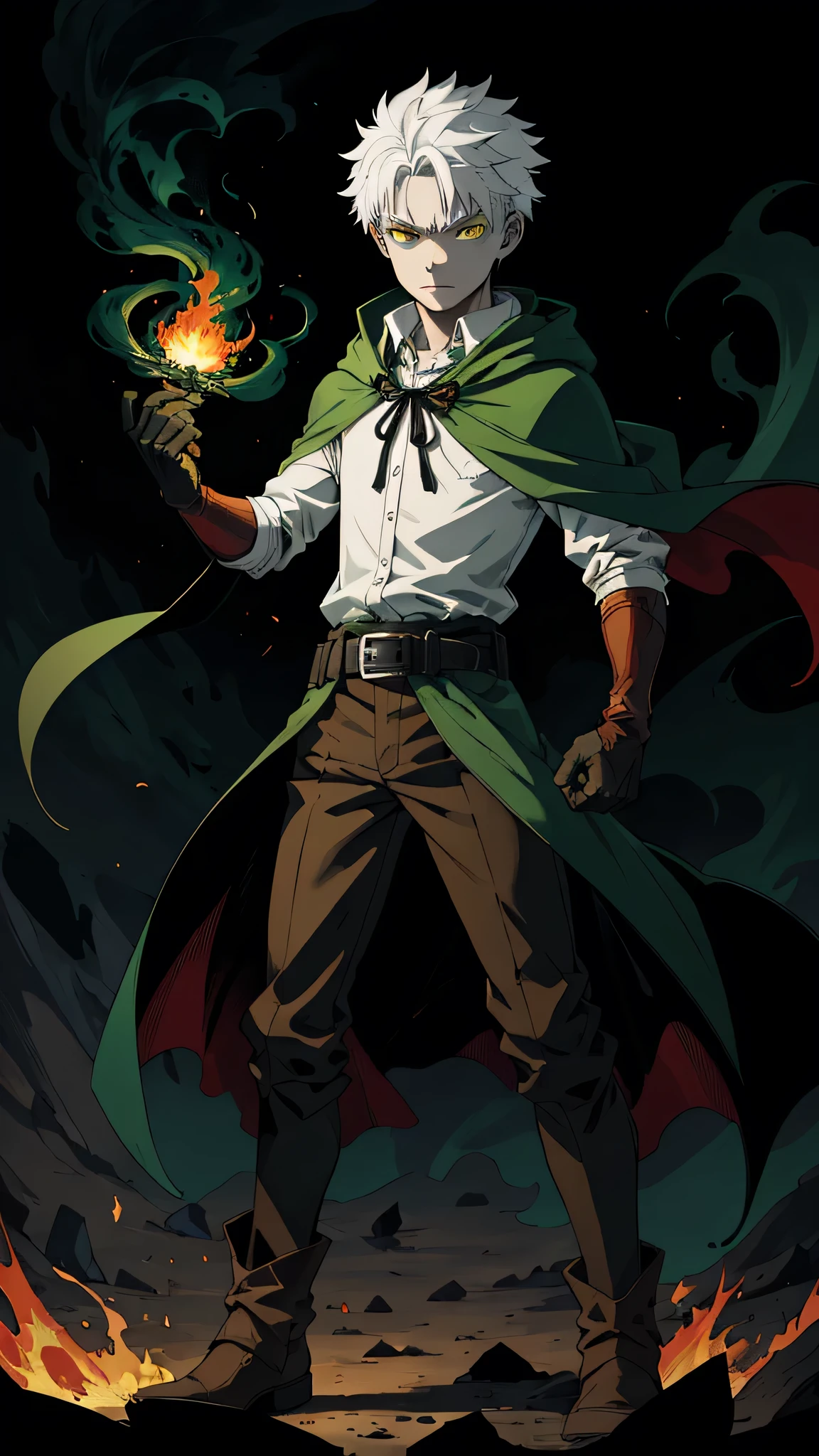 Anti-heroes，Dark Wind，Dark green and black as main colors，Design 1 Wizard throwing fireballs, 14-year-old boy，Wearing a dark green hood and cape，White hair red eyes wearing black button down shirt，（Albinism），Wearing a hood，Wearing green shorts, a brown belt, brown boots, and green gloves. Creating the Flame Background ((Improve face shape))，（Elliot Grihault&#39;s Face:1.2），（Shota's face：1.3），（emaciated），（Short stature），Green tint，Gloomy and timid crybaby，The background is a plateau。
