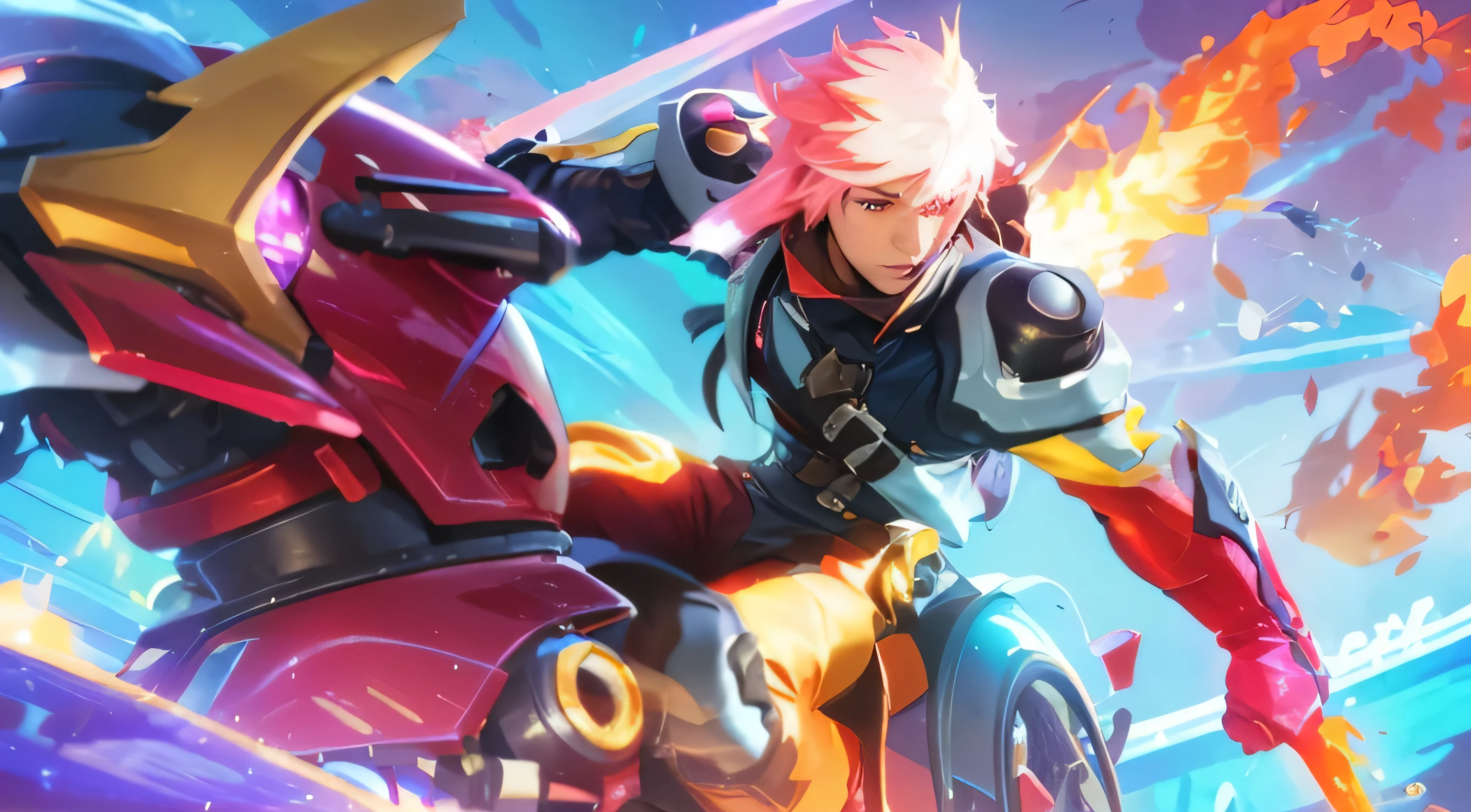 a close up of a person riding a motorcycle with a sword, rossdraws cartoon vibrant, style of duelyst, guilty gear strive splash art, official splash art, mobile legends, rossdraws and jazza, style league of legends, jazza and rossdraws, trigger anime artstyle, hero pose colorful city lighting, rossdraws 2. 0