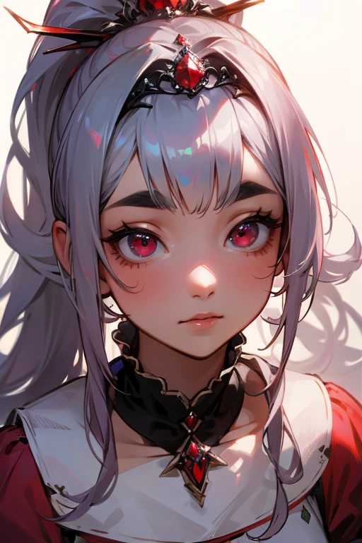 (Highest quality, masterpiece:1.2), High resolution, Very detailed, Realistic:1.37, Fantasy, An illustration, Hair is whiteいです、Red eyes、Queen, Pink Dress.Platinum decoration、beautifully、Eyeshadow Red、Thick eyebrows、Long eyelashes、pupils are black、Hair is whiteい、Kissing Face、Embarrassing、Loved、ponytail、Hair is white、very cute、Shoulder Bare、platinum tiara、Beautiful hair ornaments、(Looking up).