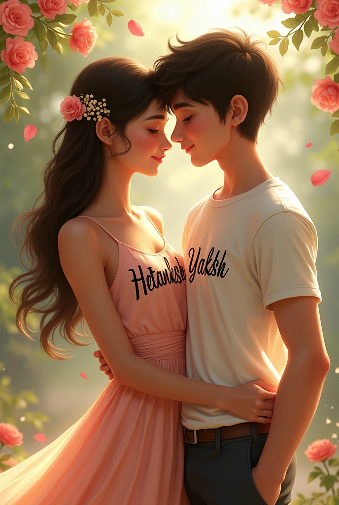 generate an image of a couple in on her dress her name is hetankshi which is written on it and boy name is yaksh and on his shirt his name must be written