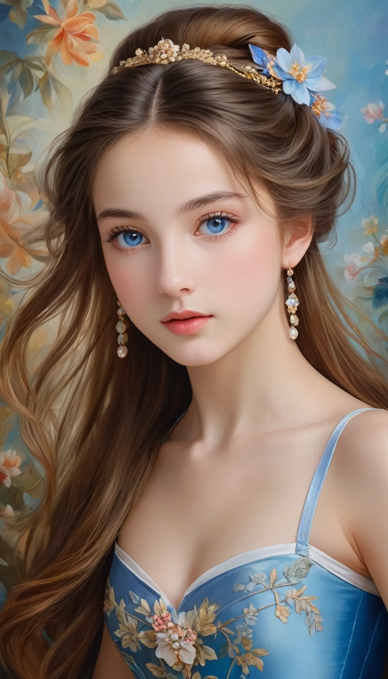 (High resolution,masterpiece:1.2),(Realistic:1.37)"(Highest quality, High resolution, Very detailed, Realistic),Beautiful portrait of a 16-year-old French ballet dancer from the 19th century, (She is half French and half Japanese., She is a beautiful woman with deep blue eyes and a high nose.:1.1), Exquisite ballet costumes, Detailed facial features, Long and graceful neck, Flowing locks of hair, Calm and elegant posture, Soft and delicate lighting, Classical Oil Painting Medium, Vibrant colors, Delicate background with floral motifs", Dreamy atmosphere, Surrealism,Mysterious Aura