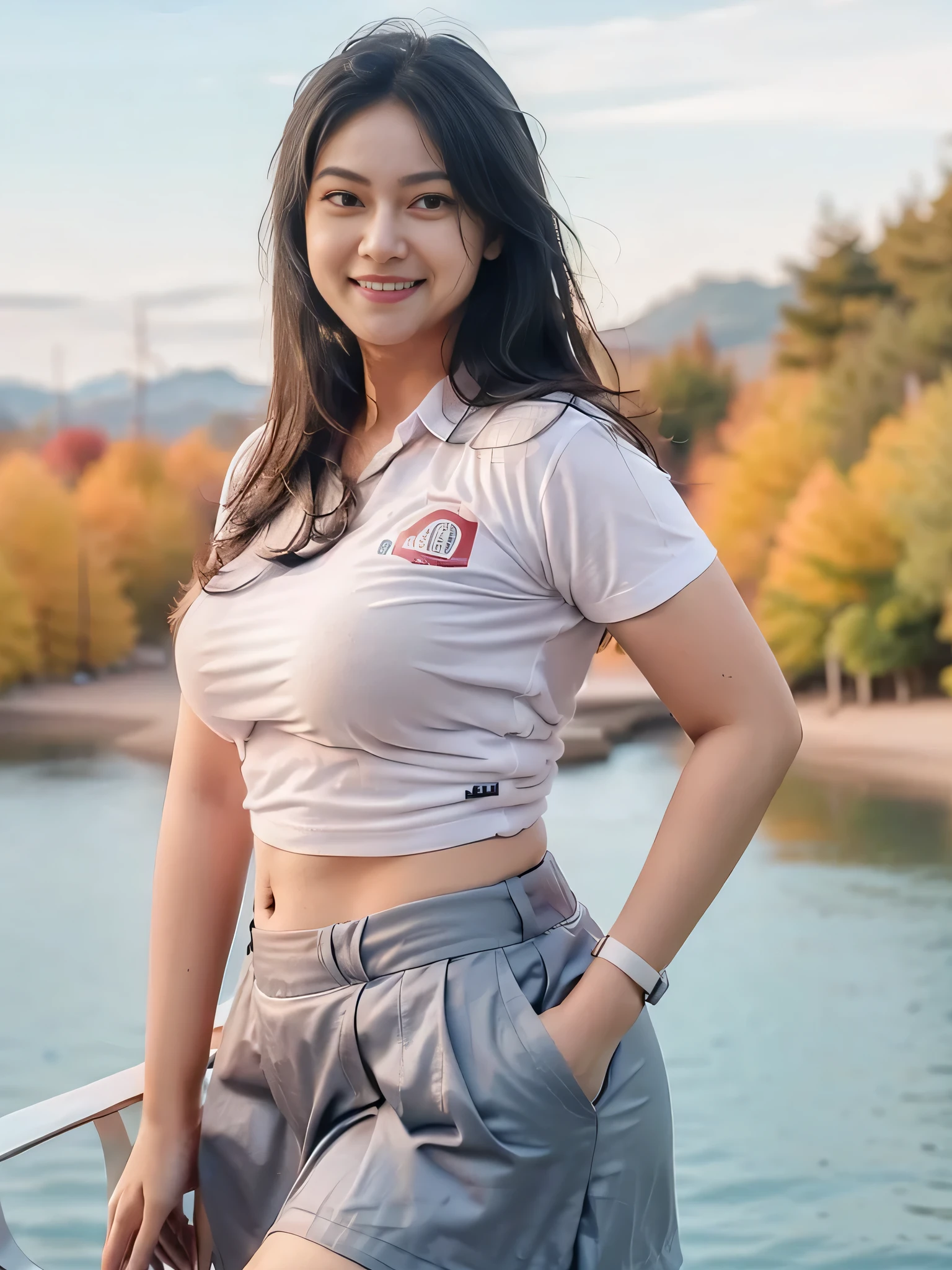 1girl, solo, 19 years old, (uniform), detailed Metropolitan city at the background, portrait, thick breasts, semi-curvy body, Sixpack abs, smooth realistic skin, cute smile, tight white shirt, grey blue short skirt, looking at the audience, high angle shot,(8k, RAW photo, best quality, masterpiece: 1.3), (realistic, realistic: 1.37), ultra-high resolution, cowboy shot