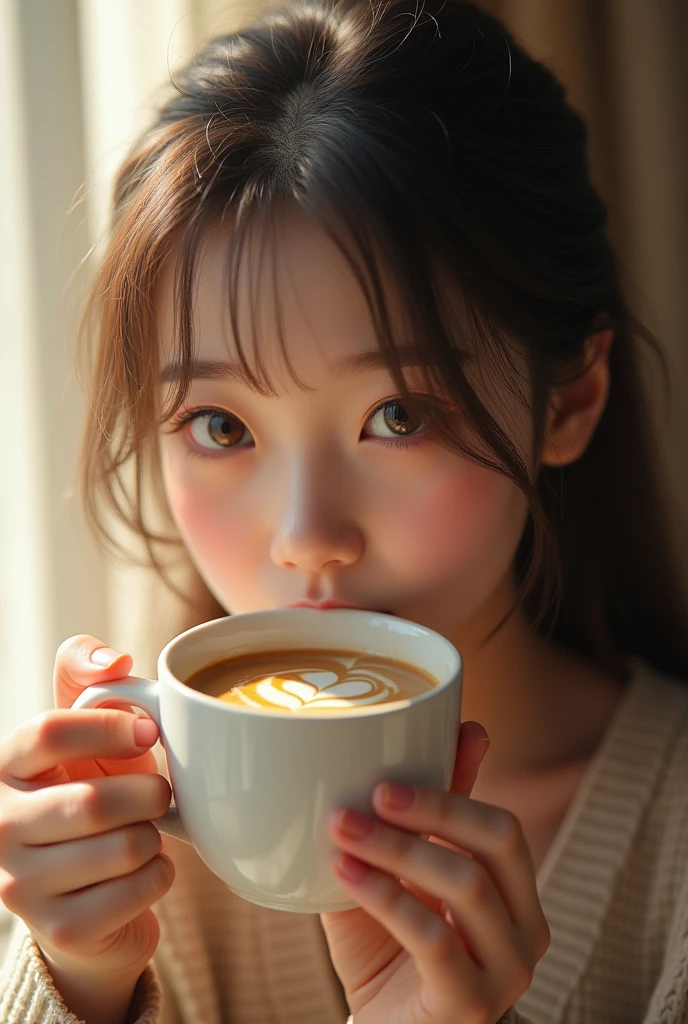 masterpiece, Highest quality, One Girl, Holding a coffee cup to one's mouth and drinking, The scene is intimate and warm., She is drinking coffee calmly, A blank look, The surroundings are comfortable, Soft lighting, Realistic texture, Photorealistic details, High resolution and precise finishing, Photorealistic style, Natural skin tones and textures, Soft Focus、Delicate facial features, Detailed eyes, Sharp pupils, Depth of written boundary, ボケ Depth of written boundary, Sharp focus、Window with morning light streaming in, Comfortable room setting, Bright and attractive colours, Pleasant atmosphere