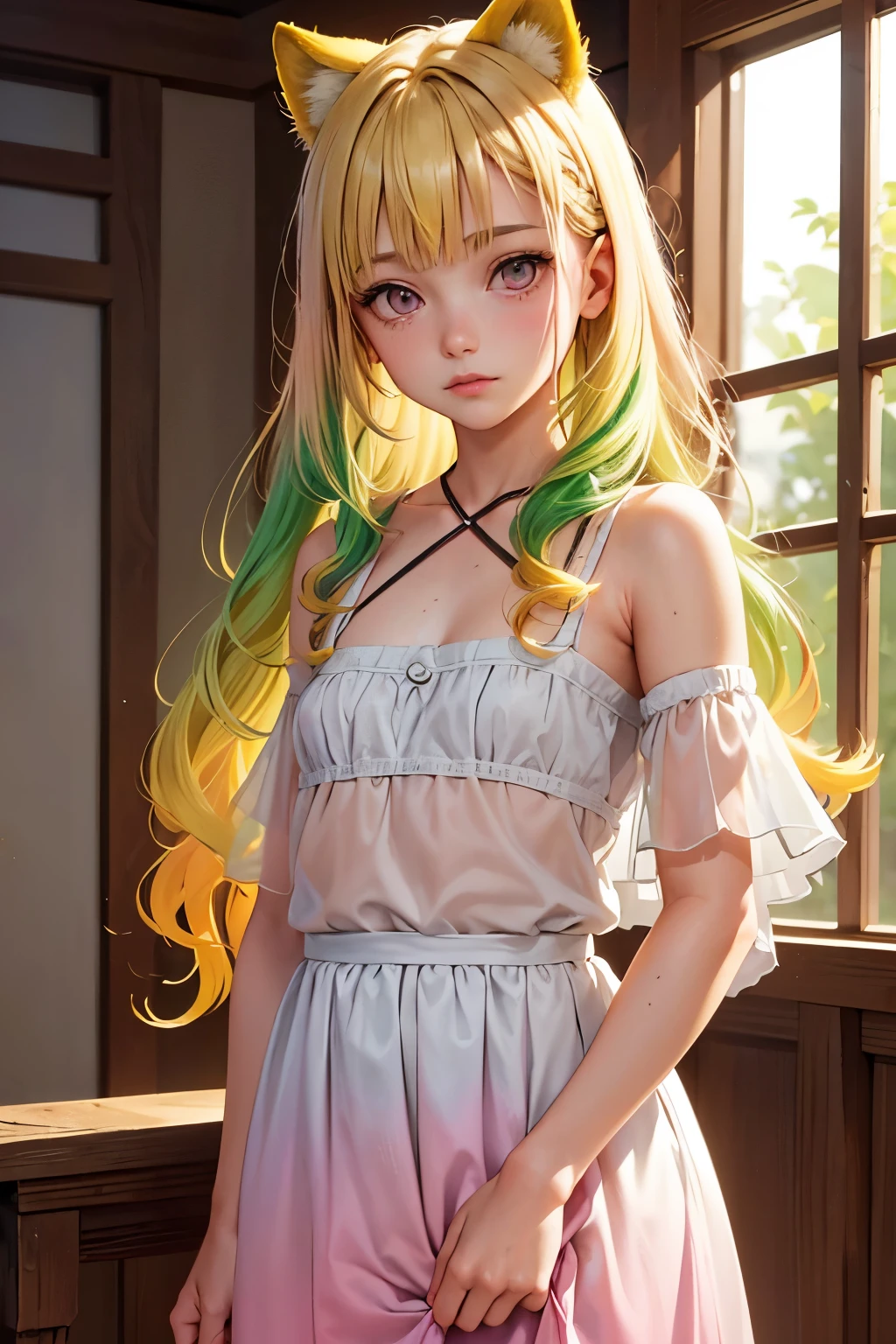 One woman, alone, alone Focus, Cowboy Shot, Portraiture,, Beaver,Half water color, Half Green, ((Brown Hair)), (Yellow Hair), (Gradient Hair :1.5), Curly Hair, ((Pink Eyes)), Ultra-detailed eyes, work, White see-through, (Small TI quality, Very detailed,Full Shot