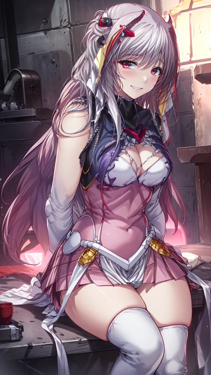 12k,Escalayer,long hair,hair_ornament,Red eyes,Pink Dress,White long gloves,thigh_boots, Embarrassing ,blush,,,White panties,,masterpiece,Noise Reduction,Perfect Anatomy,High resolution, Very detailed,Game CG,Dutch Angle ,Beautiful attention to detail,Visual Arts,Five Fingers, Perfect hands, Perfect lighting,,Red eyes,(Silver hair:1.4),(evil Smile:1.5),(Inside the futuristic base:1.1)