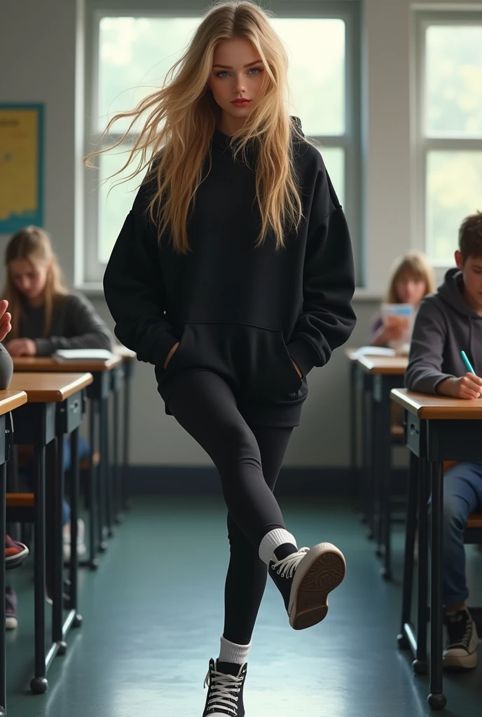 Realistic white girl, blonde hair, blue eyes, black leggings, black high top converse shoes, black hoodie, white socks, one leg kicking in the air towards the camera, classroom background.