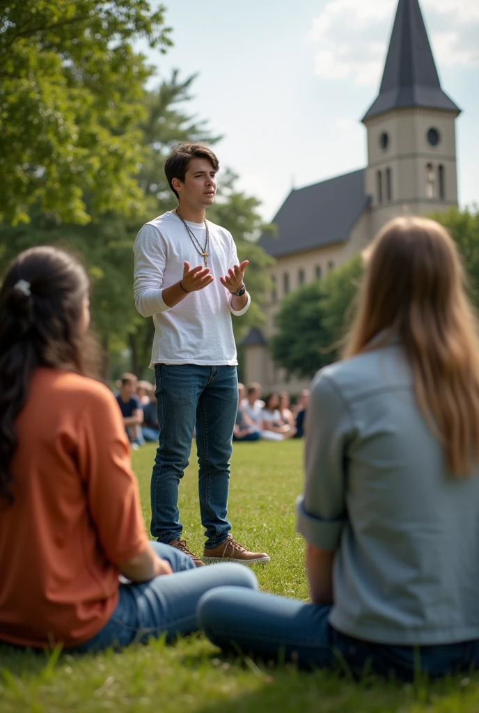 A young catechist, preaching to several catholic teenagers about 20 in total sitting in a circle,with a chain that carries a delicate and small but visible cross on the neck,various shirt and jeans, sitting on the grass talking about God, where you can breathe tranquility and spirituality, with a church in the background