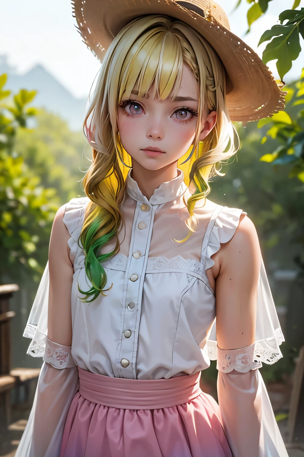 One woman, alone, alone Focus, Cowboy Shot, Portraiture,, Beaver,Half water color, Half Green, ((Brown Hair)), (Yellow Hair), (Gradient Hair :1.5), Curly Hair, ((Pink Eyes)), Ultra-detailed eyes, work, White see-through, (Small TI quality, Very detailed,Full Shot