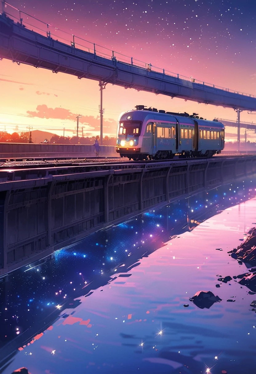 masterpiece, Animated train passing through water on the tracks, Bright starry sky. Romantic Train, Photo by Makoto Shinkai, Pixiv, Concept Art, Lofi Art style, reflection. by makoto shinkai, Lofi Art, Beautiful anime scene, Anime scenery, Detailed Landscape — Width 672, in Makoto Shinkai&#39;s Style, Makoto Shinkai&#39;s Style, Enhanced Details.