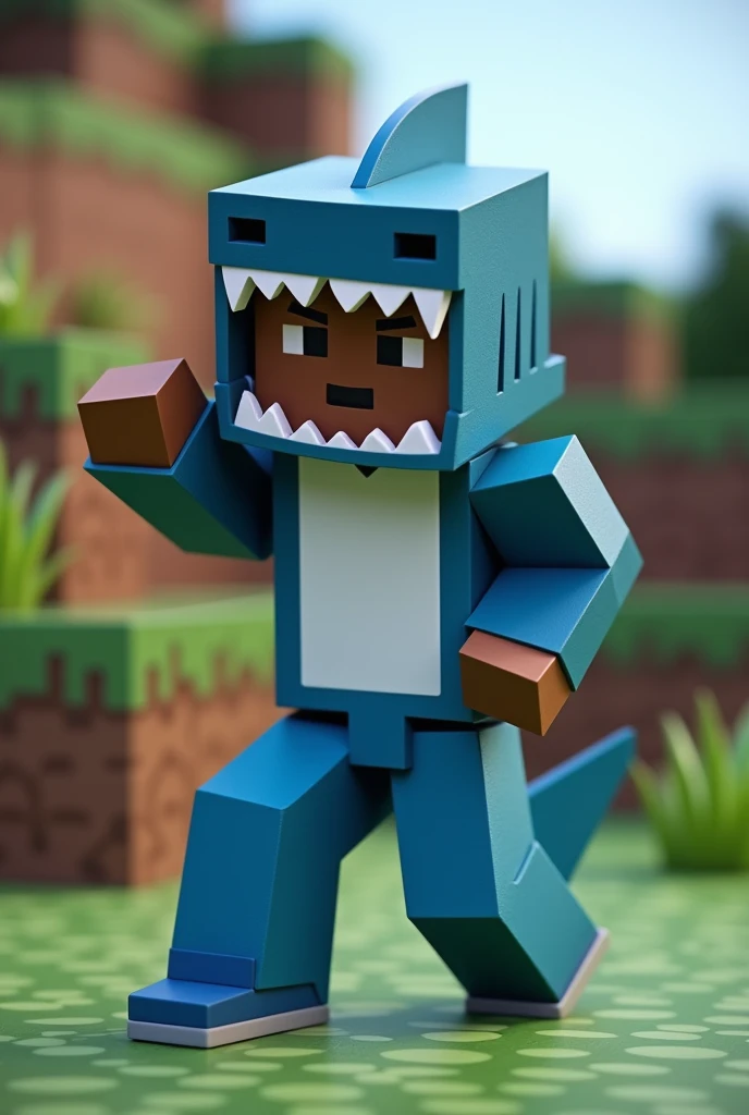 A Minecraft character, with a shark costume, with chocolate skin, with blue pants, with a blue shoe, Minecraft background,  Posing for a photo, with a cool pose