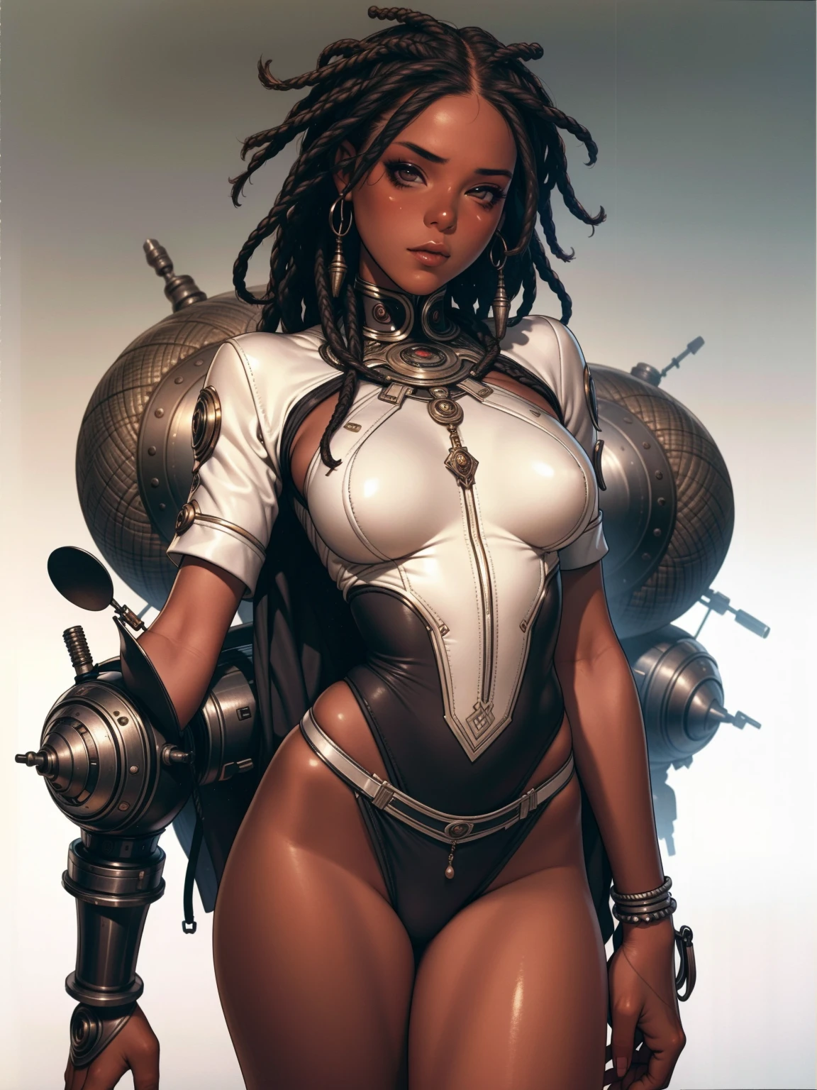 ((best qualityer)), ((work of art)), (detailded: 1.4), (absurdrez), (((black girl))), african girl, (((skin black, darkskin))), Neon genesis evangelion, afro girl, Zulu warrior, African bracelets and necklaces, skin black, cybernetic hands, red futuristic short clothes, green and black, african savannah, defined muscular sculptural body, all-body, coxas nuas, cloused mouth, body covered in cyberpunk clothes, ((perfect medium breasts)),  (super light brown eyes), ((afro hair)), (((cabelo preto e branco com dreadlocks)))), long black eyelashes heavy makeup, various African jewels, naked legs, by mucha, private--V5, close to real, psychopath, pose sexy, fundo african savannah, 2 piece outfit, cake, centred, scale to adjust dimensions, HDR (high-range dynamics), ray tracing,nvidia RTX,Super-resolution,Irreal 5,subsurface scattering, PBR Texture, Post-processing, Anisotropic filtering, Depth of field, Maximum clarity and sharpness, Multilayer textures, Albedo and Specular Maps, Surface shading, Accurate simulation of light-material interaction, perfect proportions, octane rendering, two tone lighting, large aperture, Low ISO, White balance, rule of thirds, 8K CRU, African standards