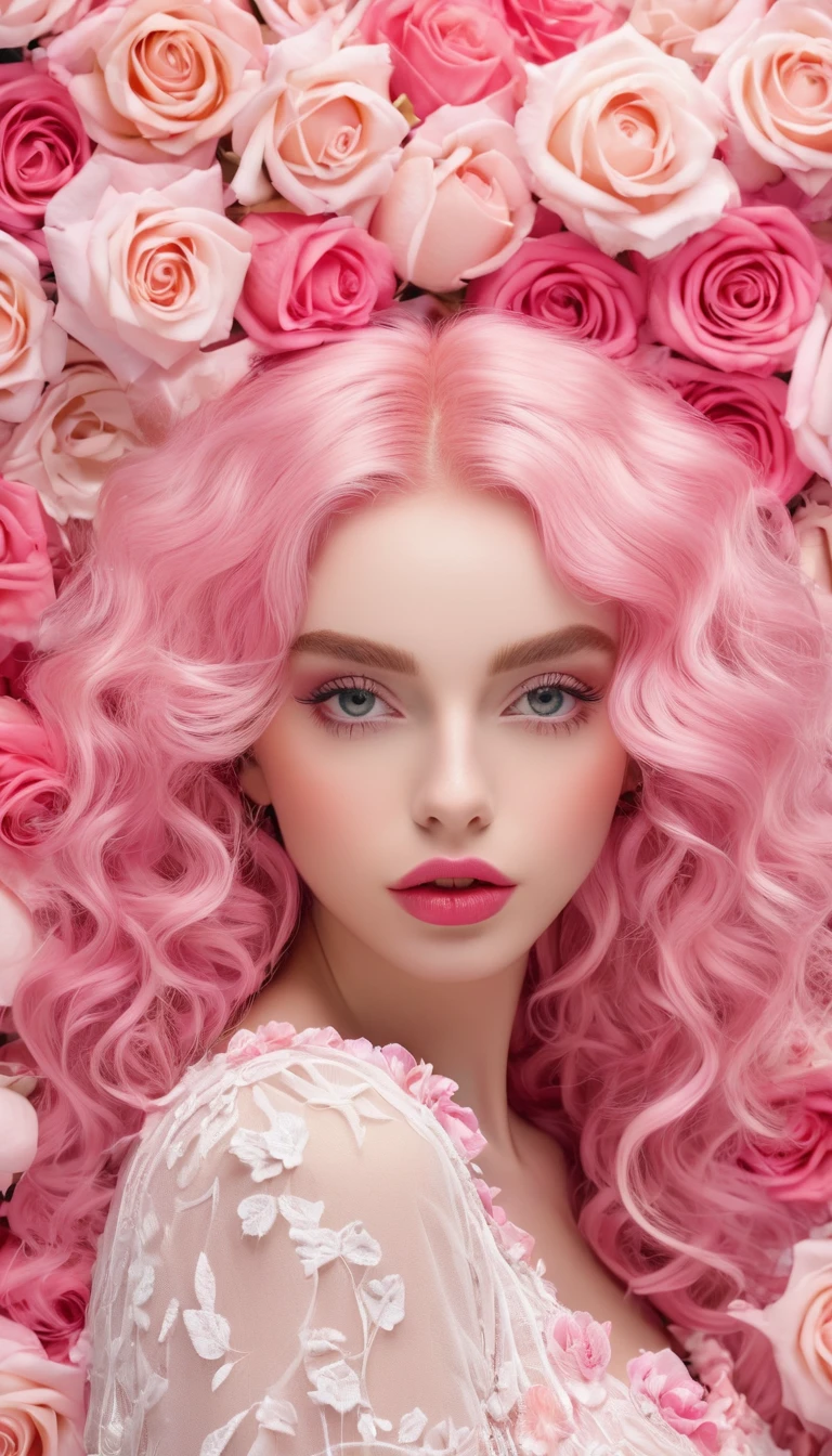 Covered in roses、Pink long curly hair、feminine,High detail and quality、8K Ultra HD、3d、Beautiful woman,Fuller lips、Pink Roses,Fashion magazine cover,Seamless patterns、Neutral pastel colors,Mysterious off-white world,Cloth Art、Art Station、A detailed pastel design combining magic and fantasy、splash、Wallpaper design aesthetics、White Tone、Realistic、super Realistic、Full color and impressive、seems kind