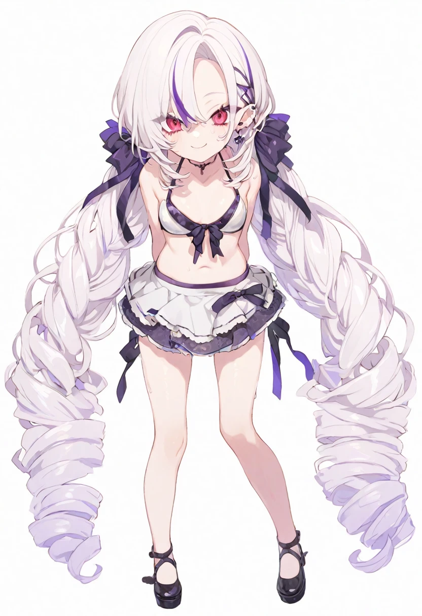 (masterpiece), (best quality), perfect face, beautiful girl, white background background, delicate and beautiful face and eyes, dark intense shadow,
1 girl, vtuber style, cool girl, hololive, La+ Darknesss, bikini, wet body, small chest, cropped shoulders, clavicle, wink, smile, bare feet, chest visible through clothes, (full body), looking at viewer, standing,