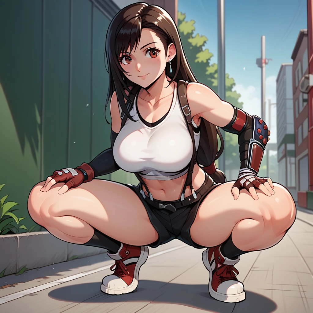 anime girl in white shirt and black shorts riding a skateboard, the anime girl is running, female action anime girl, the anime girl is squatting, female anime character, cute anime girl squatting, Tifa, urban girl fanart, tifa lockhart, 2d anime style, anime style character, Tifa lockheart, cel - shaded art style