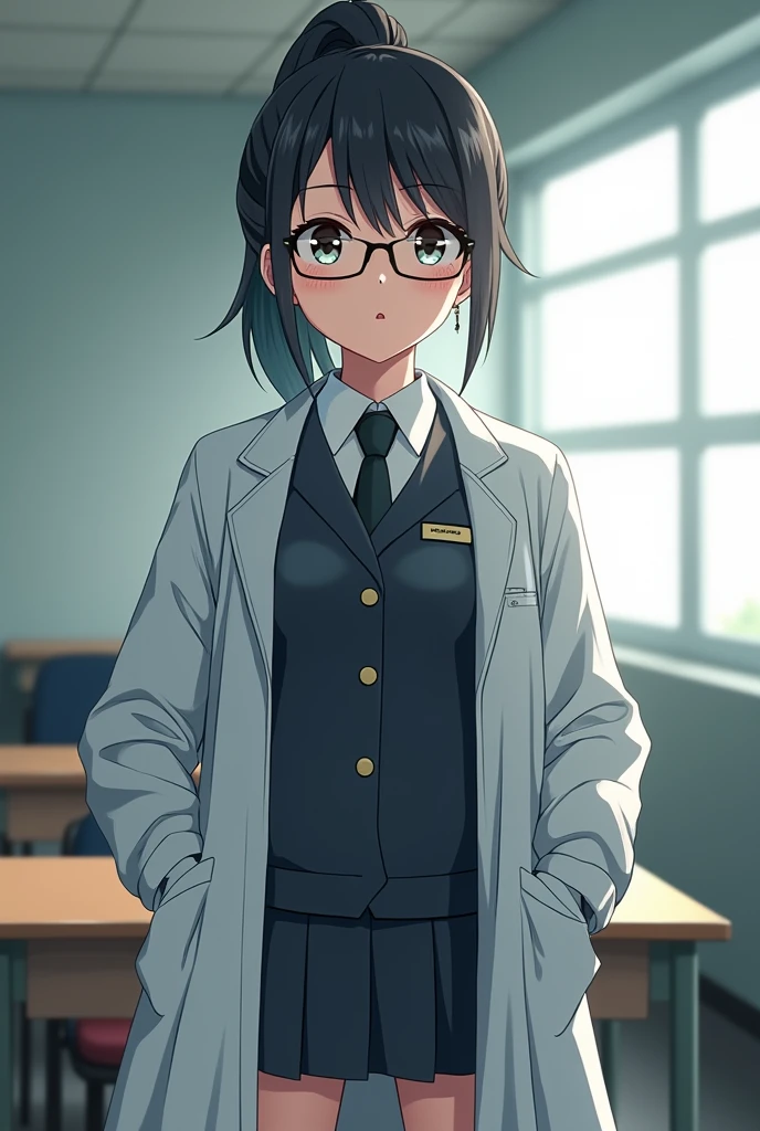 Gray long lab coat, big breasts, uniform, glasses, hair up, tied up, anime, high school student