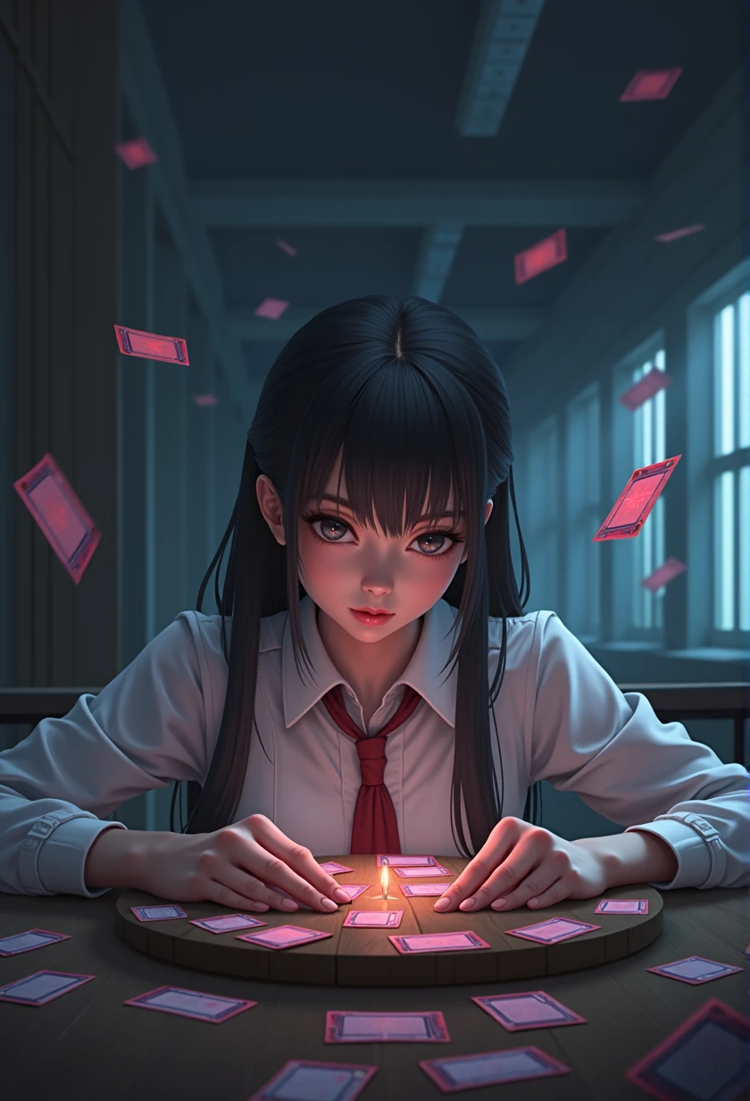 photo、Photorealistic、a Japanese psychic girl glaring at a table of ESP cards, detailed face, beautiful eyes and lips, long eyelashes, porcelain skin, elegant hairstyle, white school uniform, sitting at a table, intense expression, floating ESP cards, dramatic lighting, photorealistic, highly detailed, cinematic, vibrant colors, digital art. 
Anime girl with long black hair and white shirt holding a glowing tablet, Realistic Anime 3D Style, Digital anime art, Gweiz-style artwork, detailed Digital anime art, Digital anime illustration, Anime Styled digital art, advanced anime digital art, Cyber Schoolgirl, Anime Style 4 k, Anime Style. 8k, Digital Art Ilya Kuvshinov