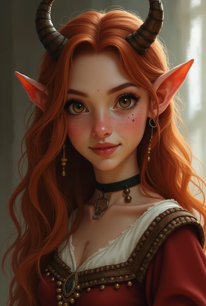 Lamita, Cialis' younger sister, inherited the more striking features of the Tiefling appearance from their mother. She has large, light brown eyes that often sparkle with curiosity and enthusiasm. Her hair is long and wavy, with a slight reddish tinge, which is rare among Tieflings. Lamita has lighter skin compared to Cialis, with a slight golden sheen. She is slightly shorter than her sister and has a more graceful build, which makes her appearance especially attractive.
it has 2 small horns. slightly pointed human ears. eyes without pupils, completely light brown. Dressed in medieval artist's clothes,