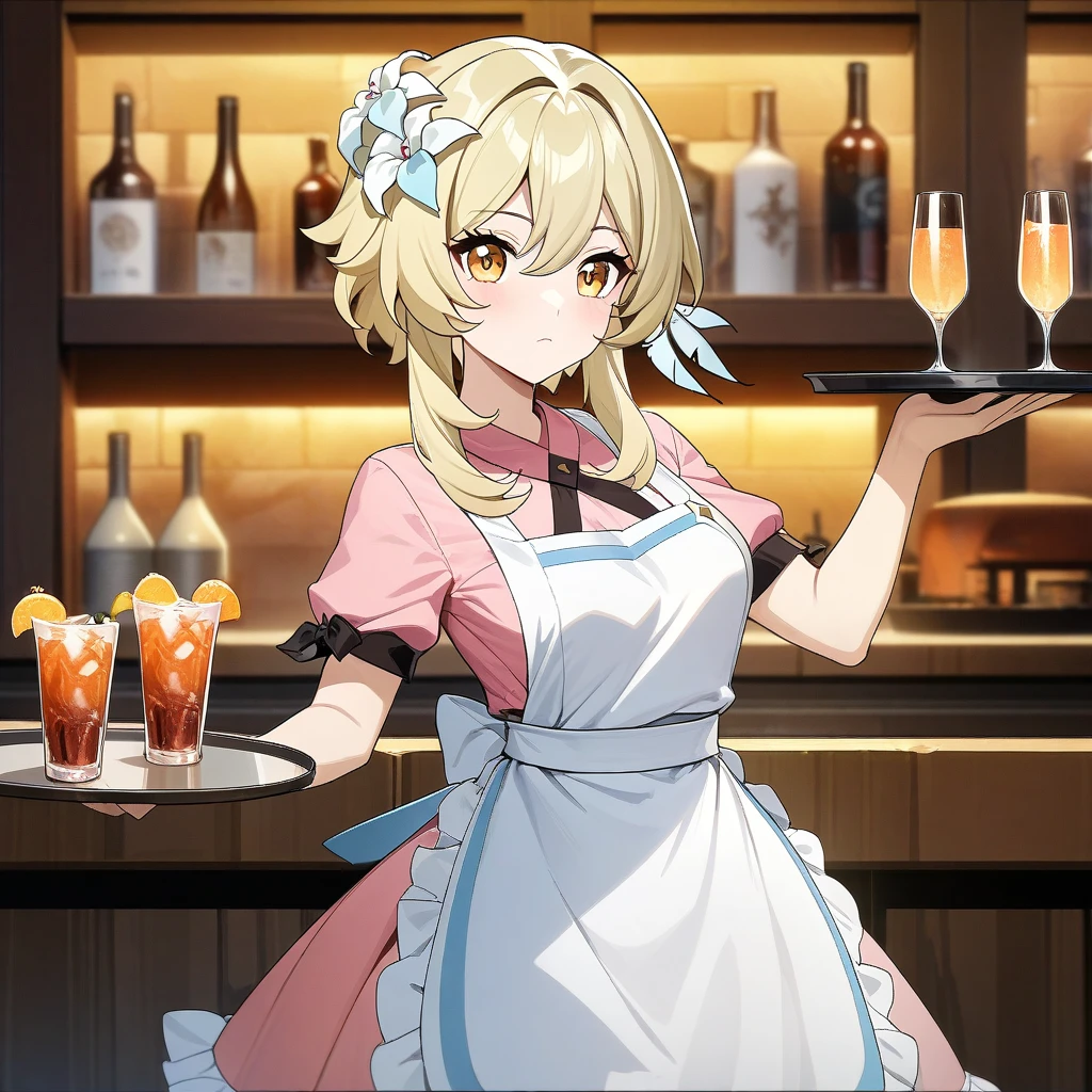 Lumine,  lumine from genshin impact, stylish pose, serving drinks, holding  tray of drinks, anatomically correct, 1girl, blonde, golden eyes, beautiful face, pink dress, apron, bar background, decorative, masterpiece, high quality, hd, 4k, upper body, genshin artstyle, 