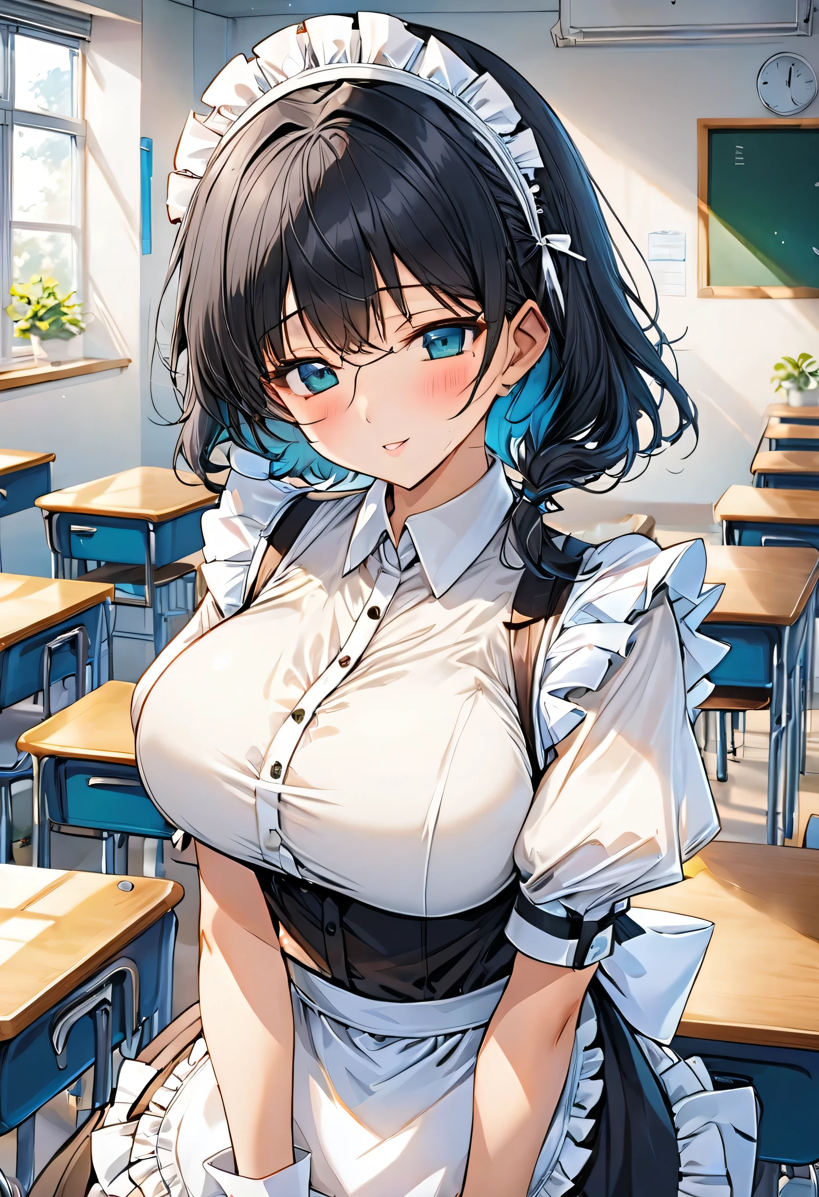 Maid&#39;s Headdress, (White shirt), Frilled shirt, (White frilly apron), White short sleeve, Puff sleeves, Cleavage), cuff, White ruffle necklace with black straps, cute, ****, Long black hair, Large Breasts,classroom