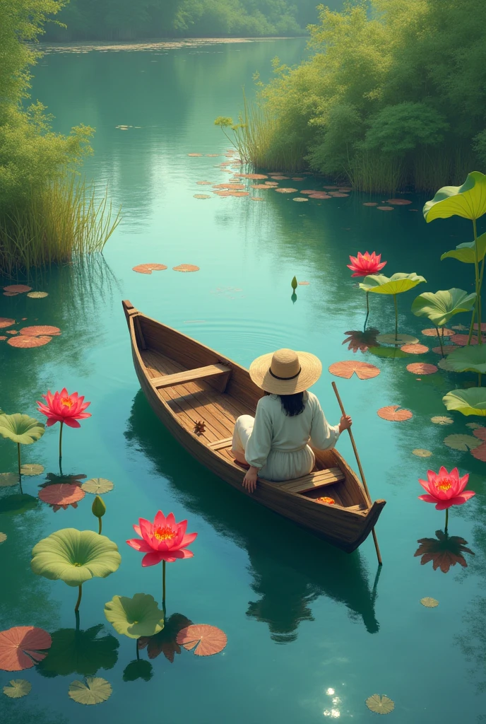 A woman wearing a hat sits in a rowboat and picks up many red lotus flowers in a pond.