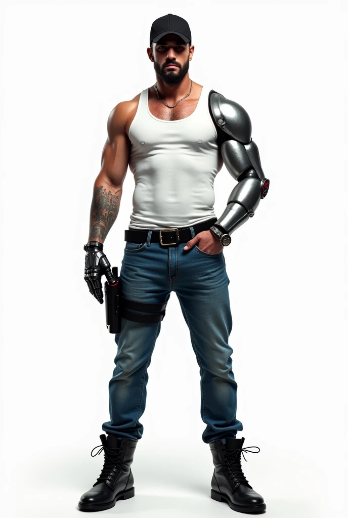 drawning, sharp colors, one  men, 30years, short stature, stark, black goatee, Black cap, white tank top, blue jeans, Black boots, a prosthetic left forearm in place of a silver-plated hand, Furiosa, white background, fully body 