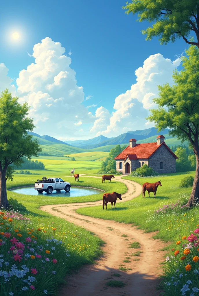 It is a green field with a stone and red tile farmhouse in the distance.. The sun is shining in the blue sky with some white clouds. in the countryside, There are cows grazing and a horse drinking water from a pond. There are trees around the house and a dirt road leading to the entrance., A white 4x4 truck is also highlighted.. In the foreground, There are wild flowers and green grass.