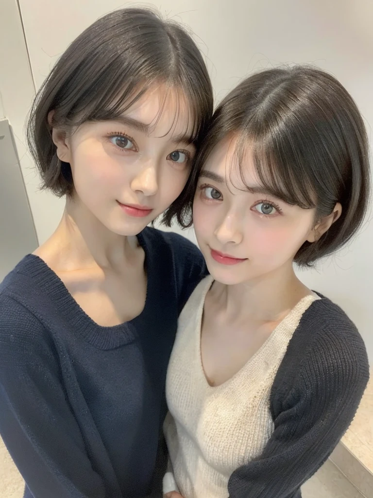 (masterpiece:1.3), (8k, Photoreal, Raw photo, best image quality: 1.4), Japanese high school girl、(random hairstyle:1.2)、cleavage:1.5、super detail face、eye for details、double eyelid、chest to chest、sharp focus:1.2、Beautiful woman:1.4、light brown hair、highest quality、masterpiece、超A high resolution、(Photoreal:1.4)、Highly detailed and professionally lit smiles、loose and light knitwear、shoulder out、thin、serious expression、short haired、deadly position
similar identical twins
All the girls have the exact same face, The two have the same face and figure, as if they were mirror images.