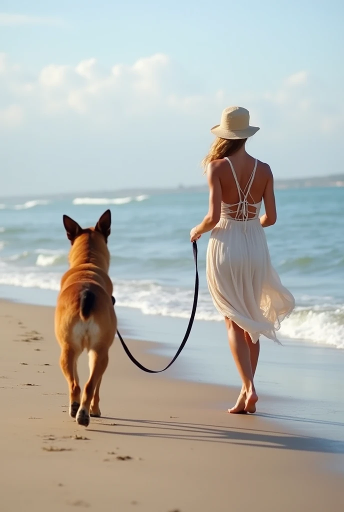 belle blonde qui promène son chien malinois sur la plage, belle photo instagram, vue éloignée, parfaite photo