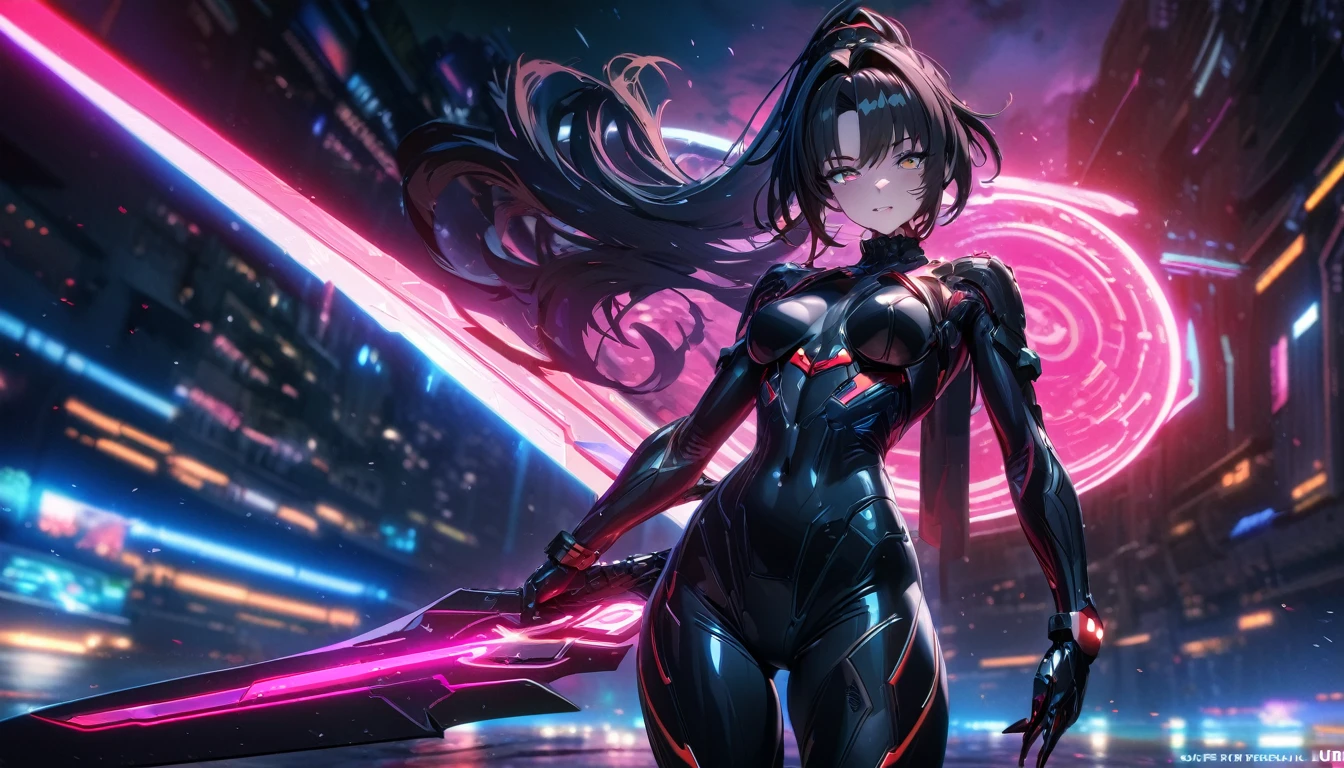 Raven from stellar balde, 1 woman，masterpiece, 8K quality, Sexy sci-fi girl,dynamic sexual pose, black hair, Ponytail, shiny tight blue-black bodysuit, cyberpunk, Amateur photographer, korean facial features, subsurface scattering, granularity, Very detailed skin texture, high quality, 35mm photography, granularity, hips, professional, 4K, very detailed, stellar blade in hand, blade, cowboy shot, brilliant, brilliant hair, (night:1.2),Dreamy, [[gentle fingers and hands:0.55]::0.85],(detailed fingers),),(emotional),(breathtaking),(main part:1.2) whole body.), (Anime Style), (Super Detailed), (brutal), (uhd, HDR), (8k), (High Resolution: 1.2), (Complex and Beautiful: 1.2),(emotional),(breathtaking),(main part:1.2) whole body.), (Anime Style), (Super Detailed), (brutal), (uhd, HDR), (8k), (High Resolution: 1.2), (Complex and Beautiful: 1.2)