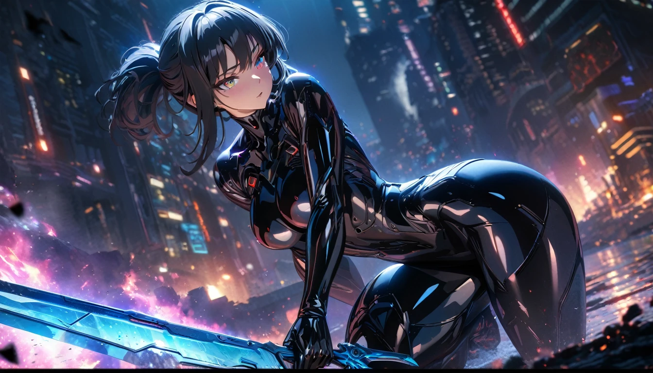 Raven from stellar balde, 1 woman，masterpiece, 8K quality, Sexy sci-fi girl,dynamic sexual pose, black hair, Ponytail, shiny tight blue-black bodysuit, cyberpunk, Amateur photographer, korean facial features, subsurface scattering, granularity, Very detailed skin texture, high quality, 35mm photography, granularity, hips, professional, 4K, very detailed, stellar blade in hand, blade, cowboy shot, brilliant, brilliant hair, (night:1.2),Dreamy, [[gentle fingers and hands:0.55]::0.85],(detailed fingers),),(emotional),(breathtaking),(main part:1.2) whole body.), (Anime Style), (Super Detailed), (brutal), (uhd, HDR), (8k), (High Resolution: 1.2), (Complex and Beautiful: 1.2),(emotional),(breathtaking),(main part:1.2) whole body.), (Anime Style), (Super Detailed), (brutal), (uhd, HDR), (8k), (High Resolution: 1.2), (Complex and Beautiful: 1.2)