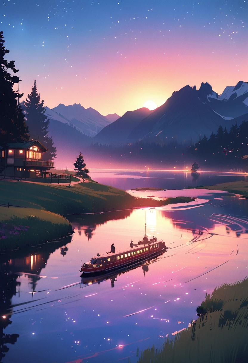 masterpiece, Animated train passing through water on the tracks, Bright starry sky. Romantic Train, Photo by Makoto Shinkai, Pixiv, Concept Art, Lofi Art style, reflection. by makoto shinkai, Lofi Art, Beautiful anime scene, Anime scenery, Detailed Landscape — Width 672, in Makoto Shinkai&#39;s Style, Makoto Shinkai&#39;s Style, Enhanced Details.
