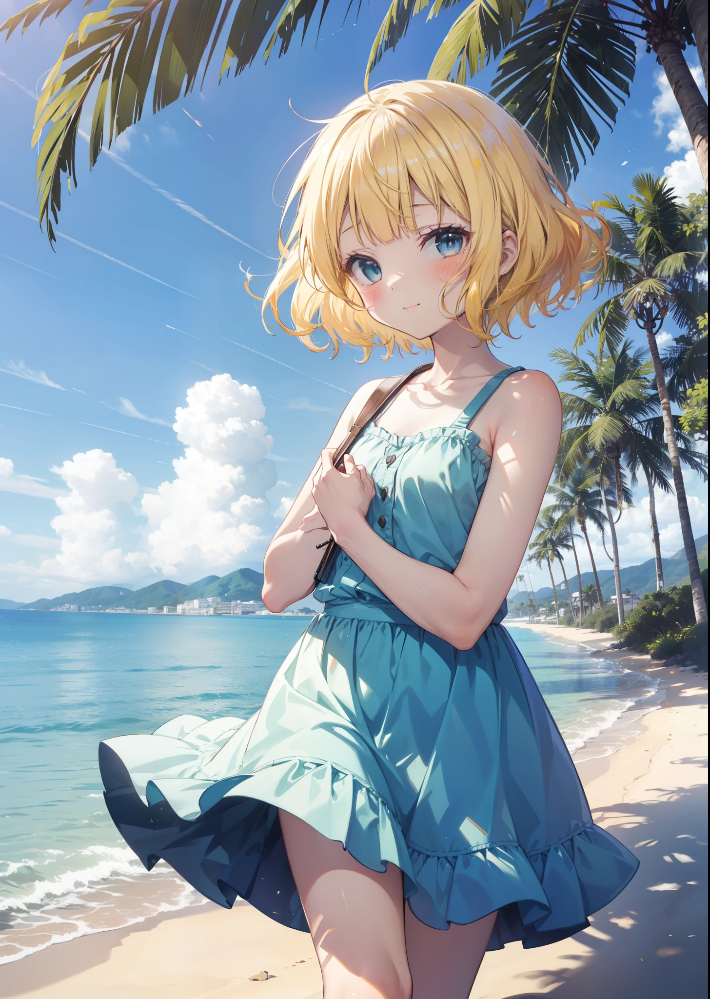 Syaro Kirima, very cute and beautiful girl,(highly detailed beautiful face and eyes),Check it out, short hair, bangs, yellow hair, (blue eyes:1.2),Blue Tank Top,White long skirt,Heeled Sandals,Daytime,Clear skies,Palm tree,Walking,smile,Close your mouth,blush,whole bodyがイラストに入るように,
break outdoors, tropical,Tropical,Coastal Road,
break looking at viewer, whole body,
break (masterpiece:1.2), Highest quality, High resolution, unity 8k wallpaper, (figure:0.8), (Beautiful attention to detail:1.6), Highly detailed face, Perfect lighting, Highly detailed CG, (Perfect hands, Perfect Anatomy),