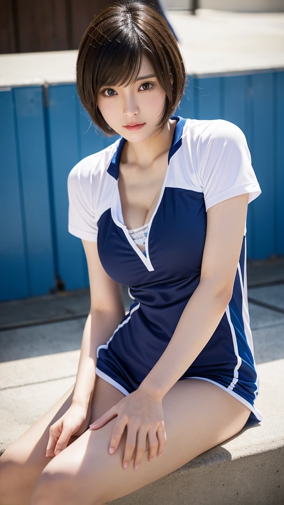 （Highest quality、High resolution）、Tabletop、photograph、wallpaper、Realistic、Professional Lighting、Face Light、（Beautiful Japanese Women、Very cute sister）、Adult、Very beautiful woman、Modeled、gravure、Idol、sexy、（Very beautiful legs）、Beautiful Skin、Beautiful and detailed、Beautiful and detailed、Detailed face、slim、Large Breasts、（Cleavage、Breast bulge）、Short Medium Hair、Brunette color hair、Volleyball Uniforms
