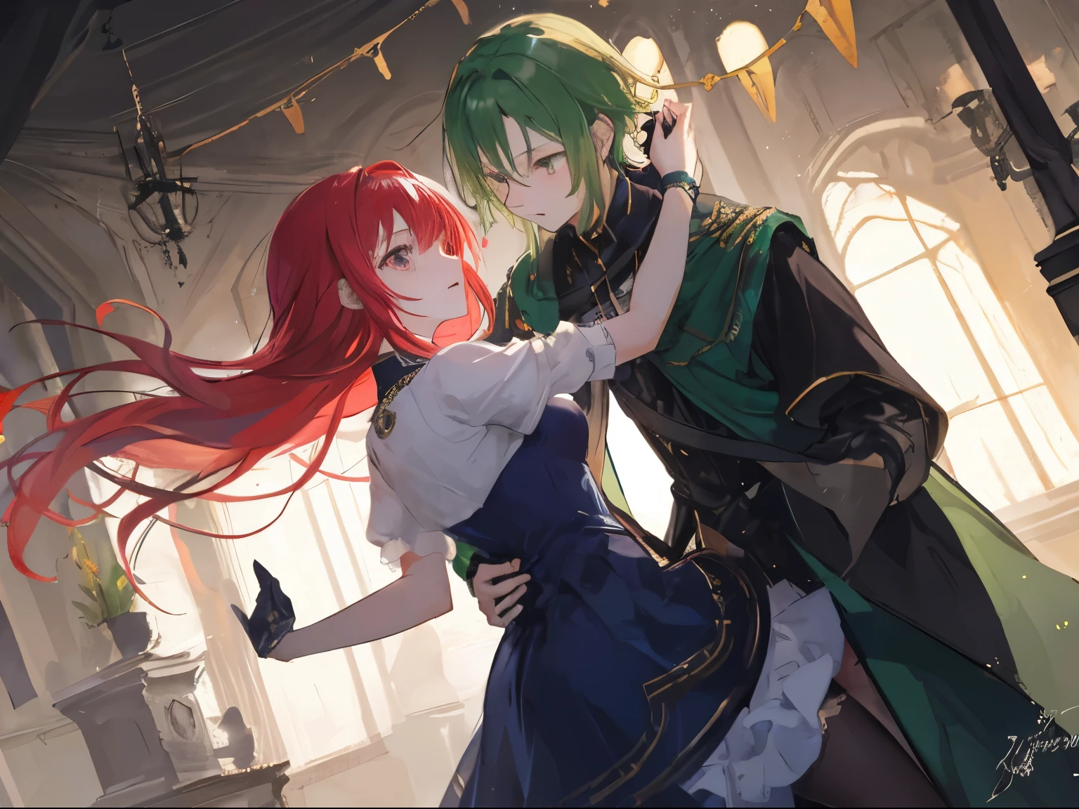 2d anime couple, long red hair girl, green hair boy, black night, dancing, good lighting, medieval clothes, royal european style, detailed background, perfect anatomy