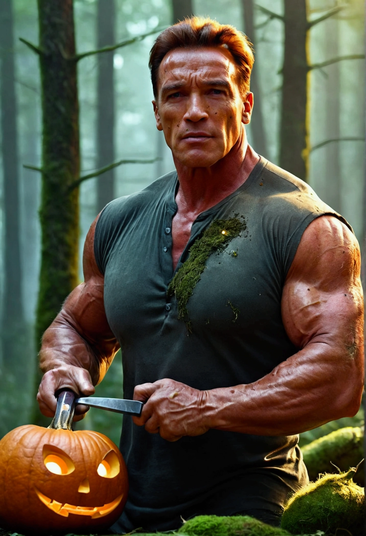 A muscular Arnold Schwarzenegger, detailed face, Penetrating light, Holding a large knife, Face the pumpkin-headed monster, Moss forest background, Torn and worn clothes, brave,incredible light, Horror atmosphere, cinema,realistic,photorealistic,Highly detailed,4K