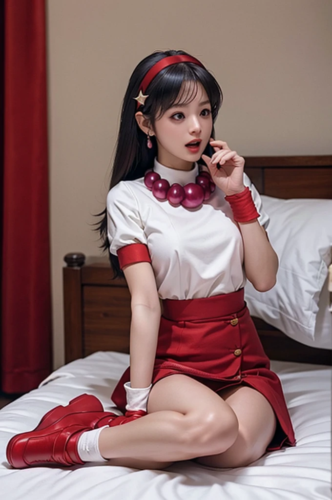 (masterpiece), (best quality), (Very detailed), Intricate details, Perfect anatomical structure, ue5 render, whole body, , Long hair, necklace, earrings, Small Breasts, Wristband,bedroom,big bed, hands on abdomen,Grab your chest with both hands,White socks,Star Hairpin,Scream,正面lie着,Red Shoes,lie