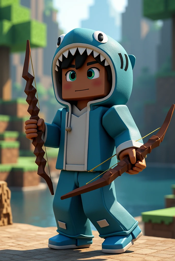 A Minecraft character, with a shark costume, with chocolate skin, with blue pants, with a blue shoe, Minecraft background, Posing for a photo, with realism, with a bow in hand