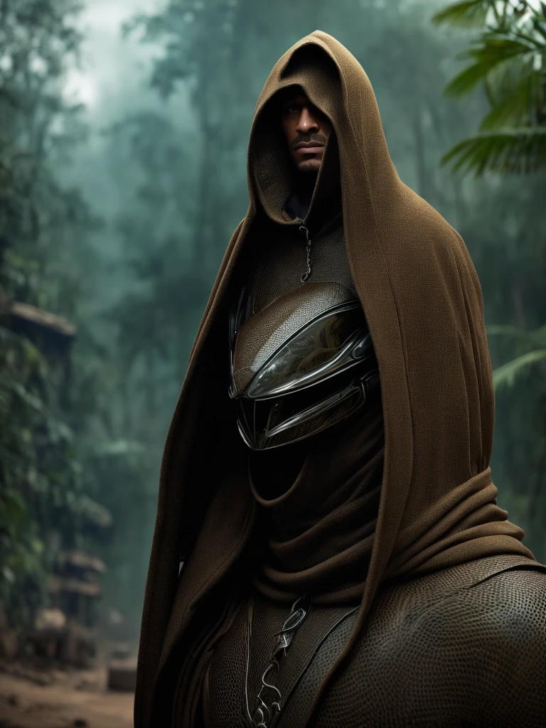 A realistic image of a man standing in front of a massive cobra with its hood expanded, towering behind him. The cobra's body is coiled, and its neck is extended as if ready to strike. The scene is intense and dramatic, with the man looking either surprised or calm, depending on the desired atmosphere. The background could be a dense jungle or a barren desert, adding to the tension and danger of the moment.",
  "size": "1024x1024"