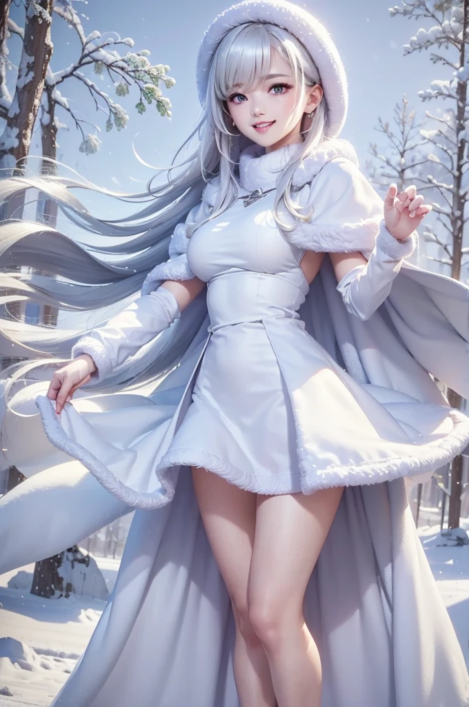 masterpiece、Highest quality、1 girl, winter, white hair, Cute girl, smile, close mouse, medium breasts, sideboob, white dress, winter clothes, long skirt, Fur coat、Small waist、Thin legs、outdoors, snow falling
