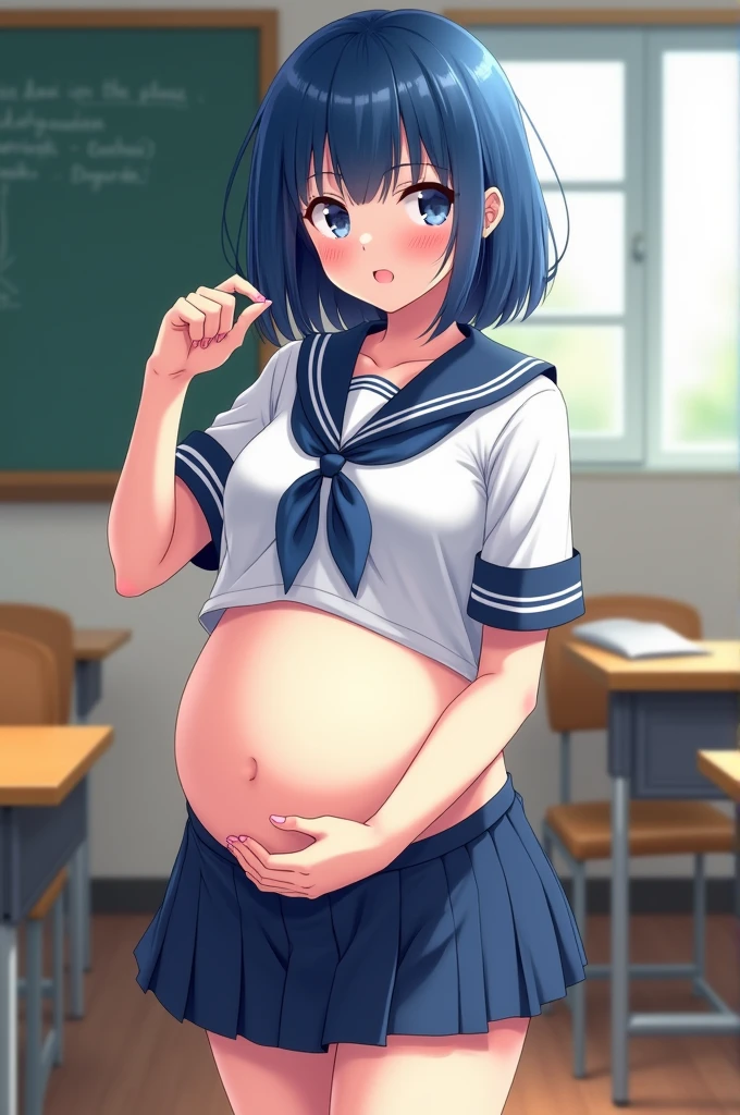 (anime art, anime styling, studio anime, very detailled, updated, Energetic, anime coloring, hight contrast, work of art:1.2, best qualityer, better aesthetics), Woman in sailor costume, pregnant women, pleatedskirt, Medium chest, open tummy, Glimpse of thighs, hair blue, bob cut, One eye is covered by bangs, perfect proportion, high detail skin, adorable, 精致的面容, pose sexy casual, class room, Precise Fingers,

INFO


