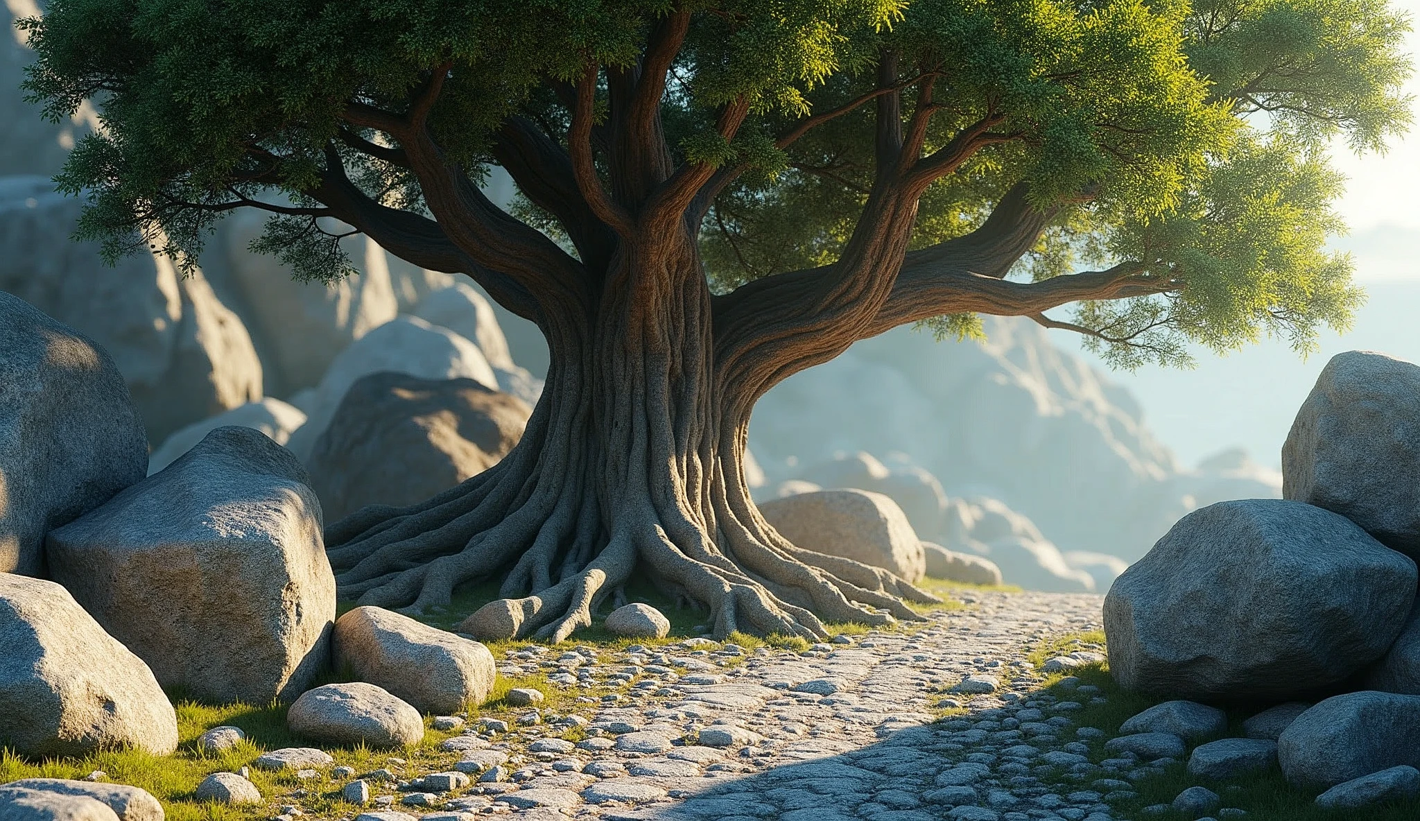 (Photorealism:1.2), in the same style as this scene Between limestone rocks mixed with granite small rocks, partially cover the floor , grew a robust tree with thick trunks and roots that covered up to half of the robust trunk, despite many branches few foliages are seen.
The scene is worthy of games made by Epic Games, Unreal Engineer, Physically lit rendering by NVIDIA RTX 3060 8K PBR Iray, Volumetric Global Lighting, denoise applied to ground fog, typical scene rendering in Daz Studio 4 Pro iRay Render Setting Denoise