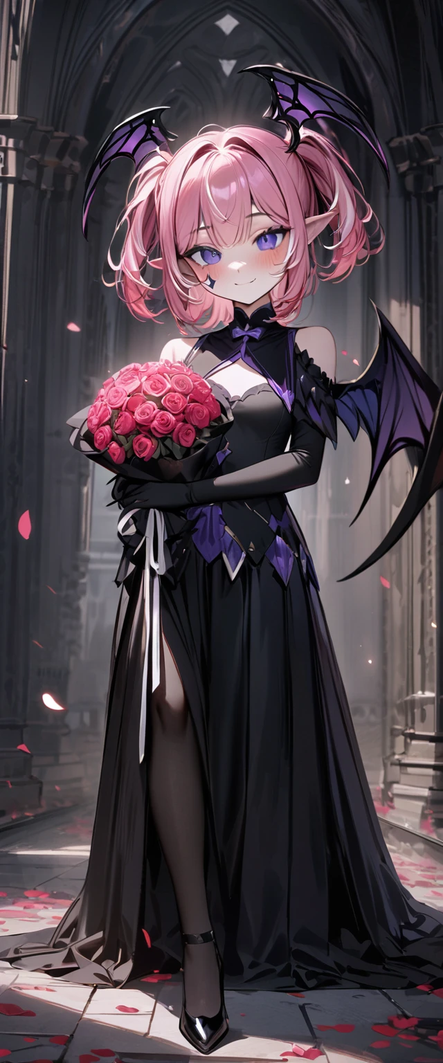 UHD, masterpiece, best quality, extremely detailed, anatomically correct, sharp focus, Midnight, gloomy atmosphere, Church, altar isle, 1girl, solo, camilavtuber, pink hair, short hair, shoulder length hair, (black head wings), (twin ponytail), PURPLE EYES, PURPLEIRIS, facial mark, smiling, black arm sleeves, slim arms, black gloves, holding red bouquet of flowers, small chest, 1 devil wing, single wing, long black gown, slim legs, black stockings, (black high heels), (full body) , (close-up), innocent pose, eye-level shot, front view, innocent pose, scattered pink petals