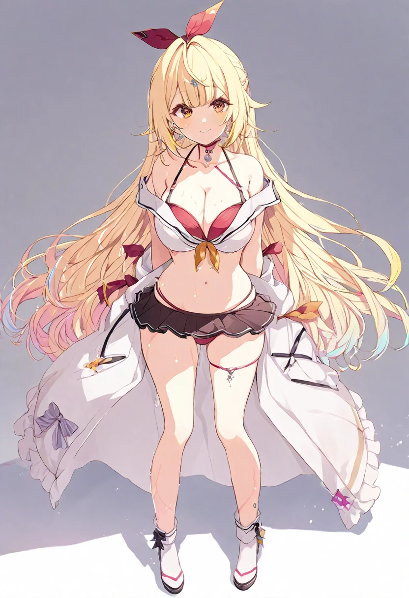 (muste piece), (best quality), (score_9, score_8_up, score_7_up), very detailed eyes, expressive eyes, perfect face, very detailed face, highly detailed face, beautiful girl, 8K, beautiful girl, white background, delicate and beautiful face and eyes, dark intense shadow, 1 girl, vtuber style, cool girl, vtuber, Nijisanji, Nijisanji, hskwsr, Hoshikawa Sara, blond hair, amber eyes, bare shoulders, sexy bikini, bikini skirt, very big chest, soft chest, cleavage, clavicle, bare arms, off the shoulders, smile, wet hair, wet body, body visible through clothes, chest visible through clothes, (full body) legs apart, sweating, standing, arms behind back,